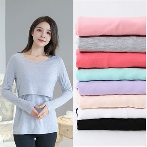 Maternité Tops Tees Automne Manches Longues O-cou Couleur Unie Post-partum Femmes Coton Allaitement T-shirt Maternité Allaitement Top et Tees 7 Couleurs 230512