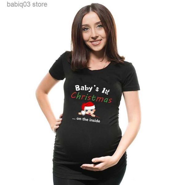 T-shirts de maternité 1er Noël T-shirt de maternité de bébé Boutons de bonhomme de neige T-shirt de grossesse drôle T-shirt de Noël mignon T-shirts de maternité enceinte T230523