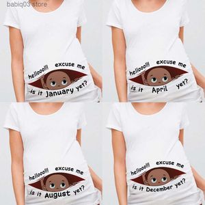 Tops de maternité Tees Excuse Me Is It Janvier Encore 12 Mois Été Maternité Grossesse T-shirt Femmes Tee Noir Bébé Imprimer Vêtements Enceintes T230523