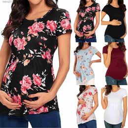 Zwangerschapstoppen Tees mode dameshemd zwangerschap bloemen bedrukte verpleegkundige tops borstvoeding dubbele laag zachte korte mouw top zwangerschapskleding T230523