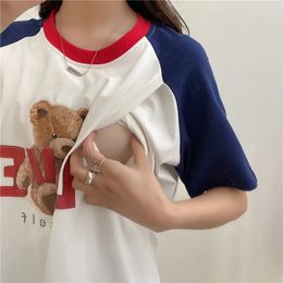 Hauts de maternité T-shirts petit ours imprimé côté ouvert T-Shirt d'allaitement avec manches courtes haut d'allaitement t-shirts vêtements de grossesse pour les femmes 9225 231006