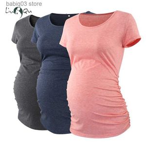 Zwangerschapstoppen Tees Liu Qu Zwangerschapskleding Zwangere Top V Hekzijde Ruches Zwangerschap T Shirts Dameskleding Zwangerschap Zwangerschap T-shirt Ropa Mujer S-XL T230523