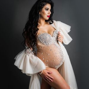Moederschap Tops Tees Luxe Moederschap Pography Bodysuit Crystal Rekbare Parel Zwangere Vrouw Bodysuits Voor Po Schieten 230614