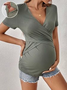 Zwangerschapstoppen T-stukken zwangere dames driedimensionaal ingepakte kruis T-shirt casual bodem shirt korte mouwen top Y240518