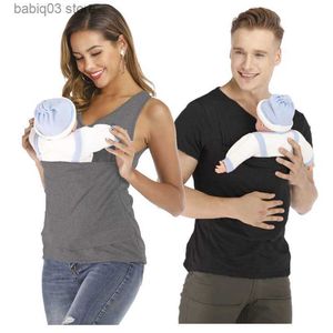 Maternidad Tops Tees Seguridad Canguro Bolsillo Camiseta Portabebés Embarazo Ropa Verano Madre Padre Alimentación de alta calidad Nylon Algodón Camiseta T230523