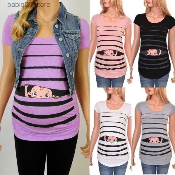 Maternité Tops Tees Été Maternité Femmes Mignon Drôle Imprimer T-shirt Grossesse Porter Rayé Bande Dessinée Bébé À Manches Courtes T-shirt Vêtements pour Enceinte T230523