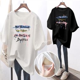 Zwangerschaps Tops Tees Zomer Outdoor Vrouwen Katoen Side Opening T-shirt Borstvoeding Kleding Cartoon Gedrukt Dames Losse Mid-length T-shirt 230724