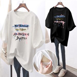 Maternité Tops T-shirts Été En Plein Air Femmes Coton Ouverture Latérale T-shirt Allaitement Vêtements Dessin Animé Imprimé Dames Lâche Mi-long T-shirt 230724