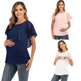 Zwangerschap Tops Tees Summer Women Zwangere Zwangerschapsverpleegkundigen T Shirts dames zwangerschapsverpleegkundige wrap top mouwloze dubbele laag blouse tee 230512
