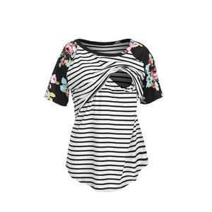 Zwangerschap tops T-stukken vrouwen zwangerschap t-shirt kleding zomer herfst korte mouw streep streep verpleeging top borstvoeding shirts zwangerschapskleding xxl y240518