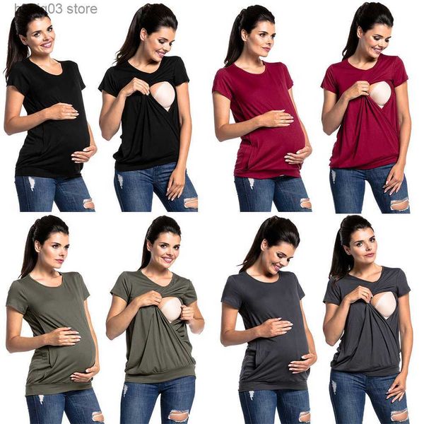 Tops de maternidad Camisetas Mujeres Embarazadas Ropa de embarazo Camisetas de lactancia Enfermería Manga corta Tops sólidos Mujeres embarazadas Moda Tops sueltos T230523