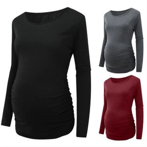 Tops de maternidad Camisetas Túnica de maternidad para mujer Ropa de mamá Lado favorecedor Fruncido Manga larga Cuello redondo Camiseta de embarazo Ropa informal sólida 231006