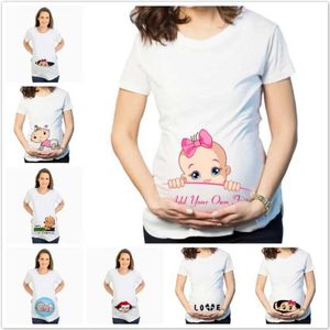Zwangerschap Tops Tees Dames t-shirt cartoon zwangere vrouw top baby grappige zwangere vrouw t-shirt katoen kort mouwen zwangere vrouw t-shirt S-3XL H240518
