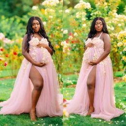 Maternity Tul Tulle Dress Browing Gown Pink Lace Appliques Puffy Rata Sheer para Baby Shower Fotografía de sesión de sesión