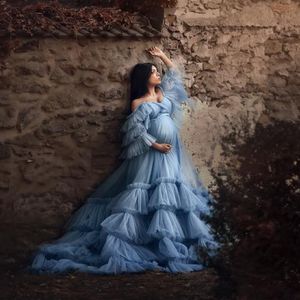 Zwangerschaps vrouwen avondjurken blauwe gegolfde kanten jurk voor fotoshoot boudoir lingerie tule gewaden badjas nachtkleding babydoll gewaad 280W