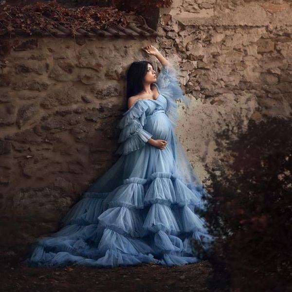 Robes de soirée des femmes de maternité Blue robe en dentelle à volants pour photoshoot boudoir lingerie tulle robes peignoir de nuit babydoll robe 280w