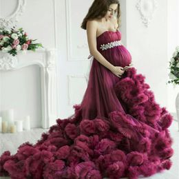 Robes de soirée des femmes de maternité pourpre longue robe de douche à volants de luxe à volants Photoshoot Crystal Bathrobe de nuit robe de grossesse 3015