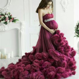 Maternité femmes robes de soirée violet longue luxe à volants bébé douche robe Poshoot cristal peignoir vêtements de nuit grossesse Dress303j