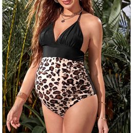 Maternity Women's Leopard Swimsuits 2023 Premama One Piece Halter Blackless Swimwear Pregnancy Patchwork Beachwear Sexy Tankinis