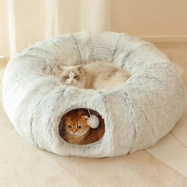 Tapis 2 en 1 en peluche douce pour chat, maison, tunnel amusant pour chat, jouet rond, lit de couchage pour chien, nid pour petits chiens, chatons, tapis de coussin, chenil