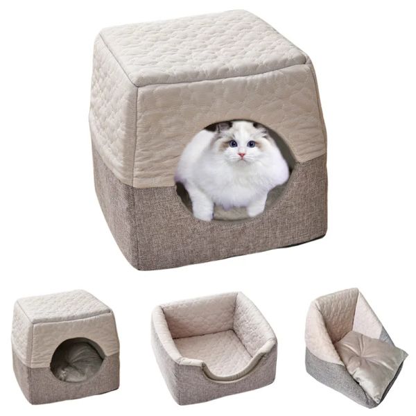 Esteras 3 en 1 cueva cálida casa para gatos sofá cama tienda de microfibra plegable con cojín lavable extraíble almohada suministros para mascotas al por mayor
