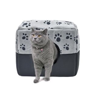 Tapis 3 en 1 pour chat avec motif de patte - Couchage confortable pour chien - Nid chaud d'hiver avec tapis de coussin solide amovible pour animal de compagnie