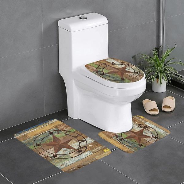 Tapis 3 pièces ensemble tapis de bain Texas étoile sur flanelle rustique tapis de salle de bain costume accessoires de salle de bain lavable en machine tapis de baignoire en forme de U