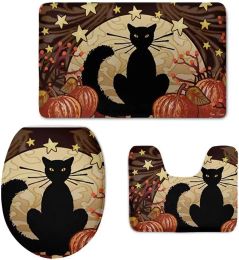 Tapis 3 pièces/ensemble tapis de salle de bain décorations d'halloween chat noir tapis de sol de toilette débardeur couvercle de toilette pour salle de bain