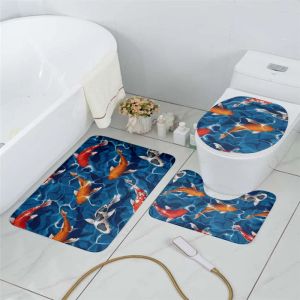 Matten 3D Printing Toilet Cover Badmat Set Flanel Absorberend Tapijt Antislip Entree Deurmat Bloem Vis Kunst Douche Decoratie Tapijt