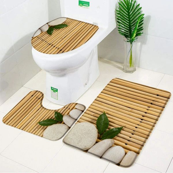 Tapis 3 pièces ensemble tapis de bain en bambou feuilles de galets élégant flanelle anti-dérapant tapis de salle de bain tapis couvercle de toilette couverture ensemble d'accessoires de salle de bain