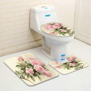 Tapis 3 pièces/ensemble fleur oiseau motif tapis de salle de bain ensemble paon Koi plante florale eau paysage bain décor baignoire toilette tapis antidérapant