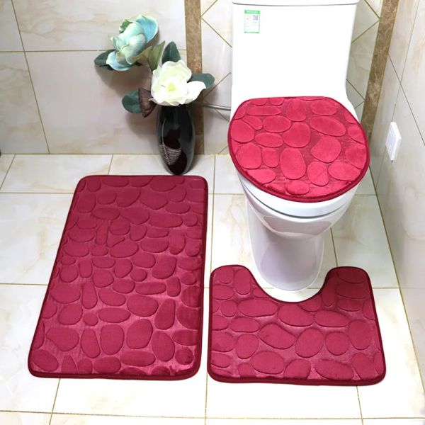 Tapis 3 pièces ensemble couverture de siège de toilette tapis de bain salle de douche tapis de sol maison salle de bain antidérapant absorbant paillasson galets baignoire décor tapis