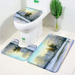 Tapis 3 pièces tapis de bain scénique forêt de neige hiver paysage naturel tapis de sol antidérapant tapis couverture de toilette ensemble d'accessoires de salle de bain