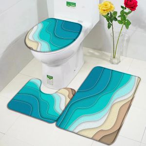 Alfombrillas Juego de alfombrillas de baño geométricas abstractas, alfombra de mármol con diseño de onda creativo, azul, verde y marrón, decoración de baño, alfombrillas antideslizantes para tapa de inodoro