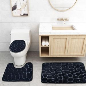 Matten Zwart 3D Geplaveide Badkamermat Toilethoezen Effen Kleur 3 stks/set Badvloertapijten Voor Home Decor Kwaliteit Voetkussen Deurmatten Y