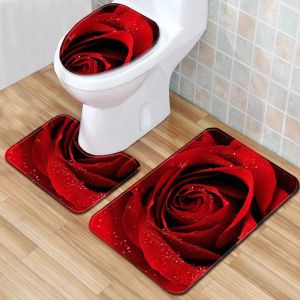 Matten Bright Rose Bath Mats Set Valentijnsdag 3 -delige badkamer Tapijt Anti -slip tapijt voor woninginrichting Toiletstoel Cover 3D Deken