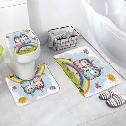 Tapis de bain licorne de dessin animé, Animal mignon, décoration de maison pour enfant, tapis de sol antidérapants, couverture de couvercle de toilette, coussin en forme de U, ensembles d'accessoires de salle de bain