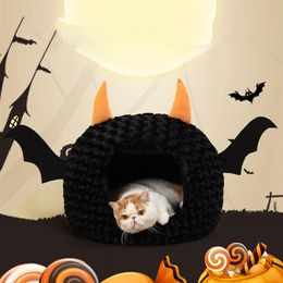 Tapis lit pour chat Halloween Littledevil forme nid pour animaux de compagnie cuccia per gatti interno courte peluche entièrement fermé lit de couchage chaud cama gato