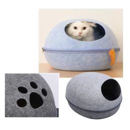 Tapis lit en feutre artificiel pour chats, sac de couchage avec nid d'oreiller, coquille d'œuf amovible, respirant, grotte pour animaux de compagnie semi-fermée