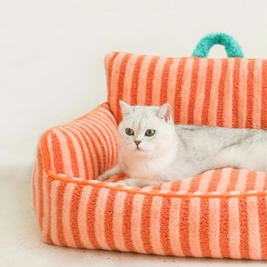 Tapis de lit à rayures pour chats, coussins de canapé, maisons et habitats en peluche, chiot, chaton, accessoires de marchandises, tapis, accessoires