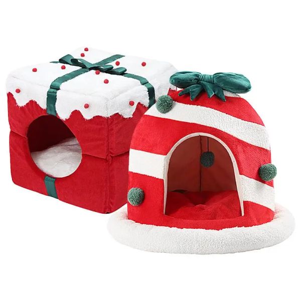 Tapis de Noël pour chat, tente pour chien, tapis de maison en forme de boîte cadeau de Noël, semi-fermé, lavable, tente d'intérieur pour chien, chat, chiot, chaton