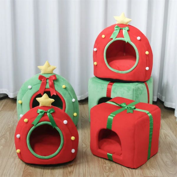 Esteras Árbol de Navidad Nido para Gatos Nido para Perros Otoño e Invierno Cálido Nido para Mascotas Caja de Regalo Casa para Gatos Cama para Mascotas