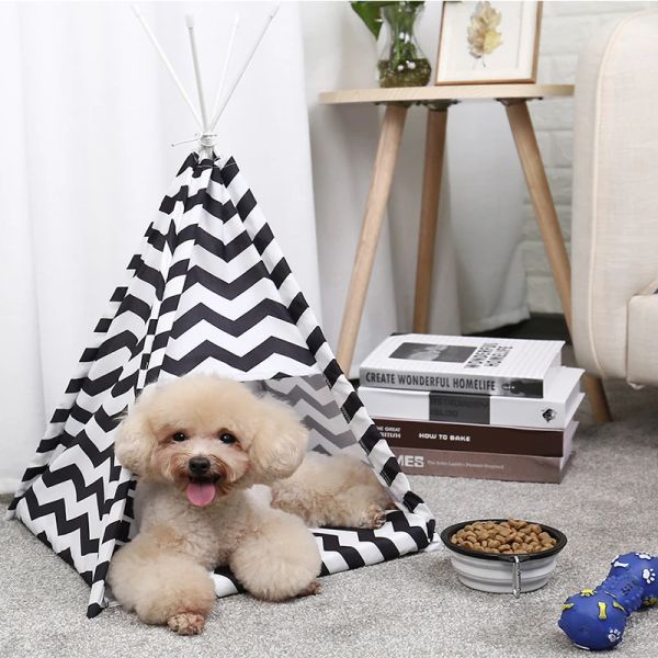 Tapis pliable pour animaux de compagnie tipi maison pliable tente pour animaux de compagnie meubles lit pour chat avec coussin blanc noir pompon doux chat chiot maison tente pour animaux de compagnie