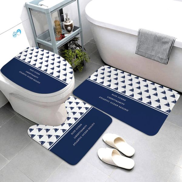 Tapis de salle de bain série nautique bleu foncé, tapis et tapis de salle de bain en trois pièces, produits de salle de bain, peuvent être personnalisés