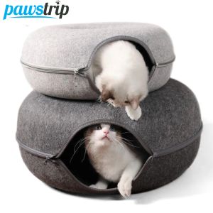 Mats Donut Cat Bed pour 2 chats Pet Cat Tunnel Toys Kitten House Basket Interactive Play Toys for Cats Natural Felt Rabbit Cave Nest