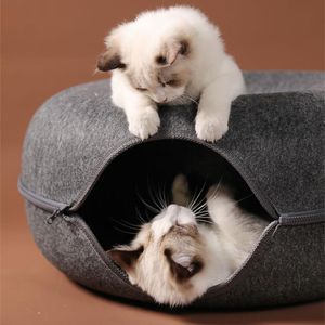 Tapis Lit pour chat en forme de beignet Tunnel pour chat d'intérieur et lit rond en forme de beignet Grand lit de grotte pour chat Coussin en feutre dur avec fermeture éclair pour toutes les saisons