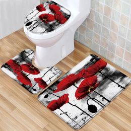 Tapis de bain en forme de fleur, ensemble de tapis de bain imprimé 3D, noir, blanc, rayé, rouge, rose, Floral, à poils bas, en mousse à mémoire de forme, couverture de toilette