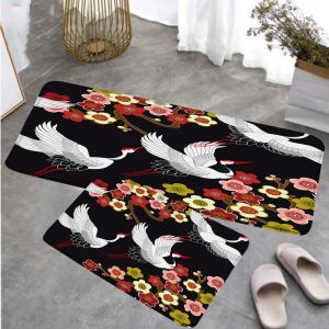 Alfombrillas Juego de alfombrillas para el suelo de la cocina con pájaros y flores, grulla blanca Floral, felpudo negro de estilo japonés, decoración del hogar, alfombra antideslizante, alfombra para habitación, alfombrillas de baño