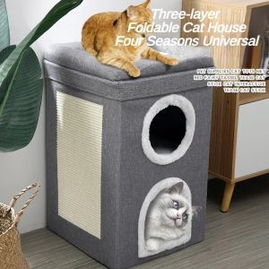 Mat de chat pliable avec tapis à gratter, condo de refuge pour minou, lit de chaton recouvert de cabane, meubles pour animaux de compagnie, 2 niveaux