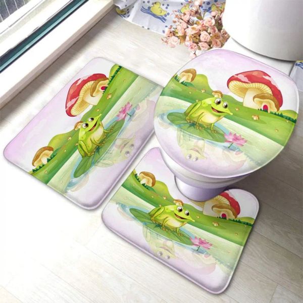 Tapis de bain grenouille sur nénuphar avec champignons, ensemble de tapis de salle de bain, 3 pièces, housse de couvercle de siège de toilette, tapis antidérapant